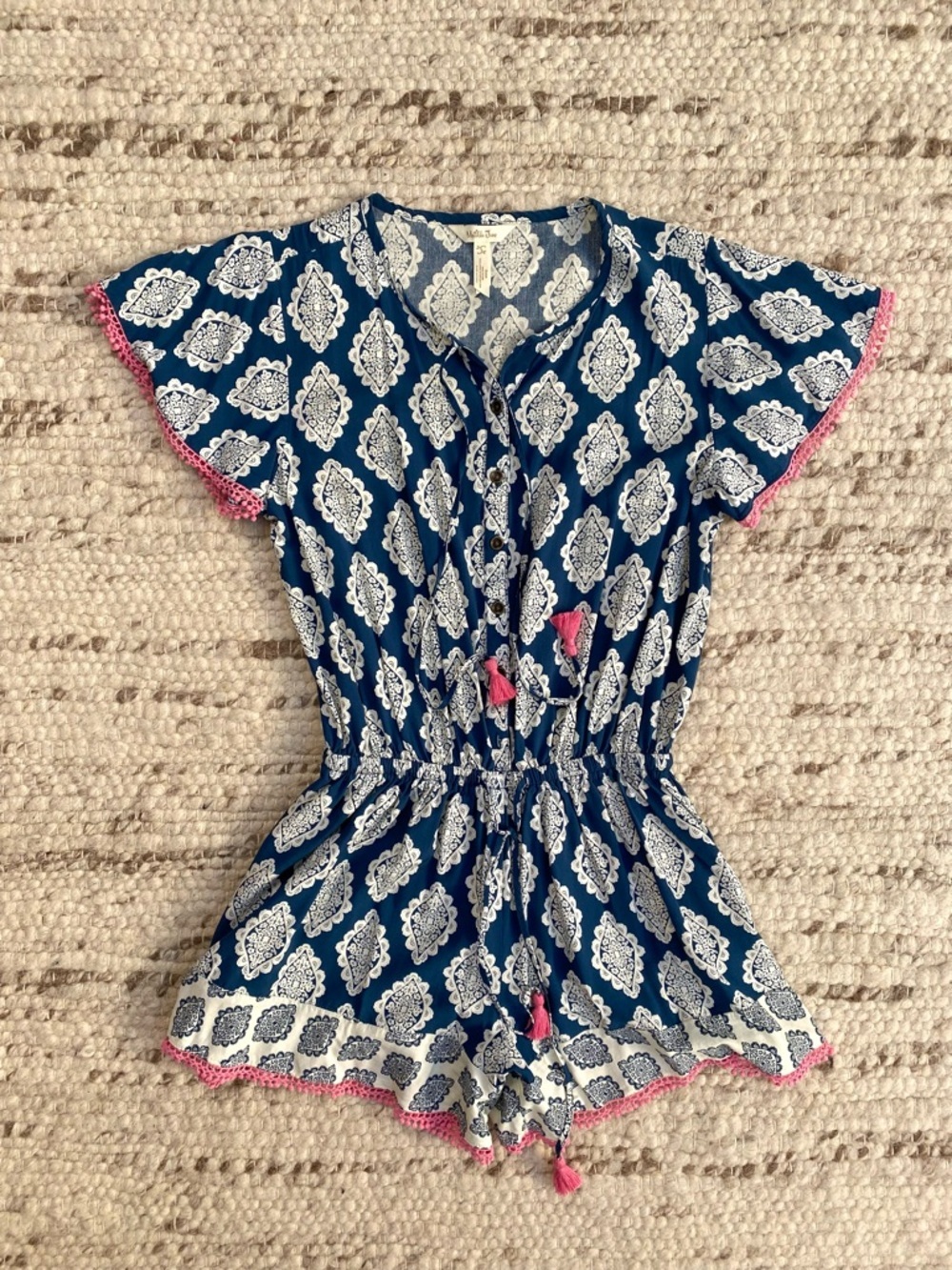 Matilda Jane Blue White Tile Print Tassel Pocket Romper, Size S - Picture 2 of 10